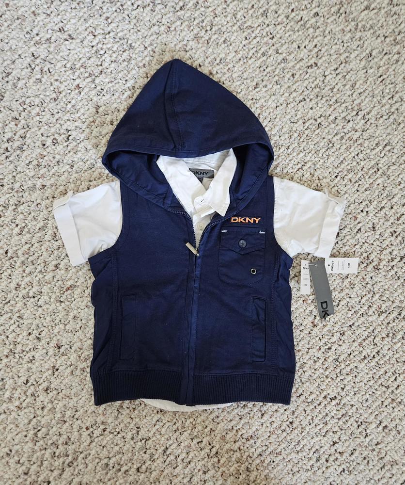 NWT DKNY 18mo Blue Hooded Vest with white button down under shirt.